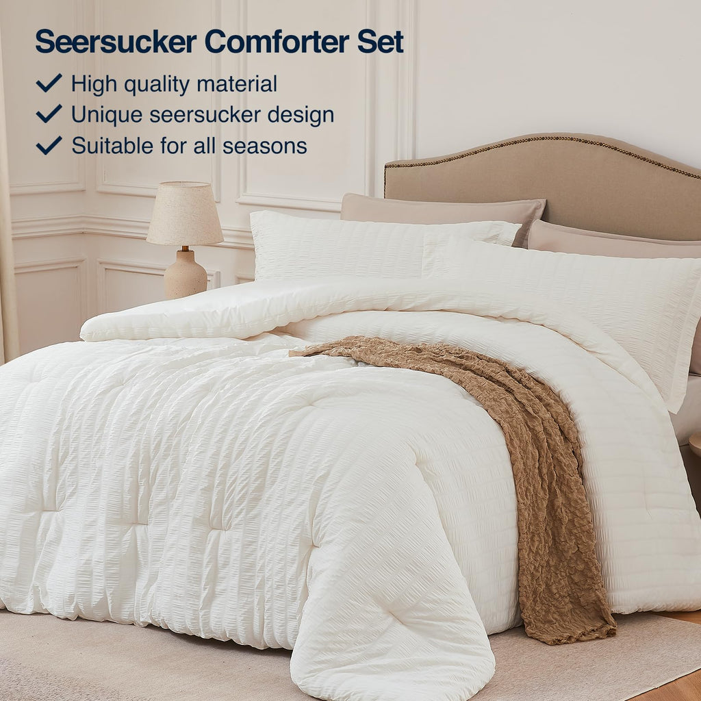 Beige Comforter Set - 3 Pieces Seersucker Lightweight Bedding Comforter Sets (1 Soft Fluffy Comforter & 2