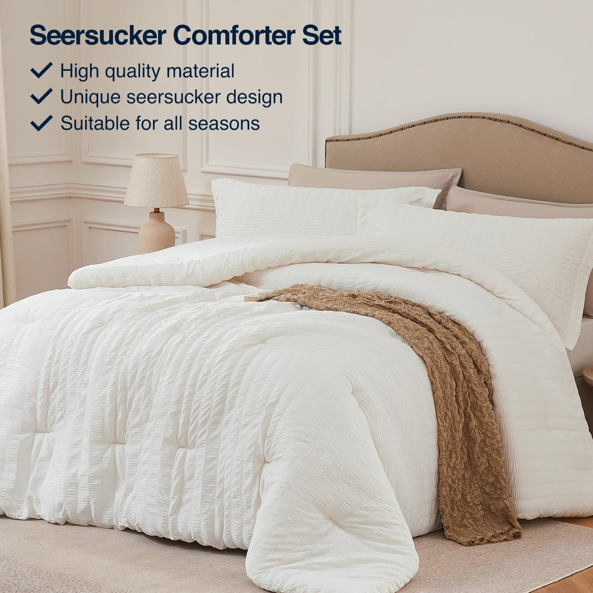 Beige Comforter Set - 3 Pieces Seersucker Lightweight Bedding Comforter Sets (1 Soft Fluffy Comforter & 2