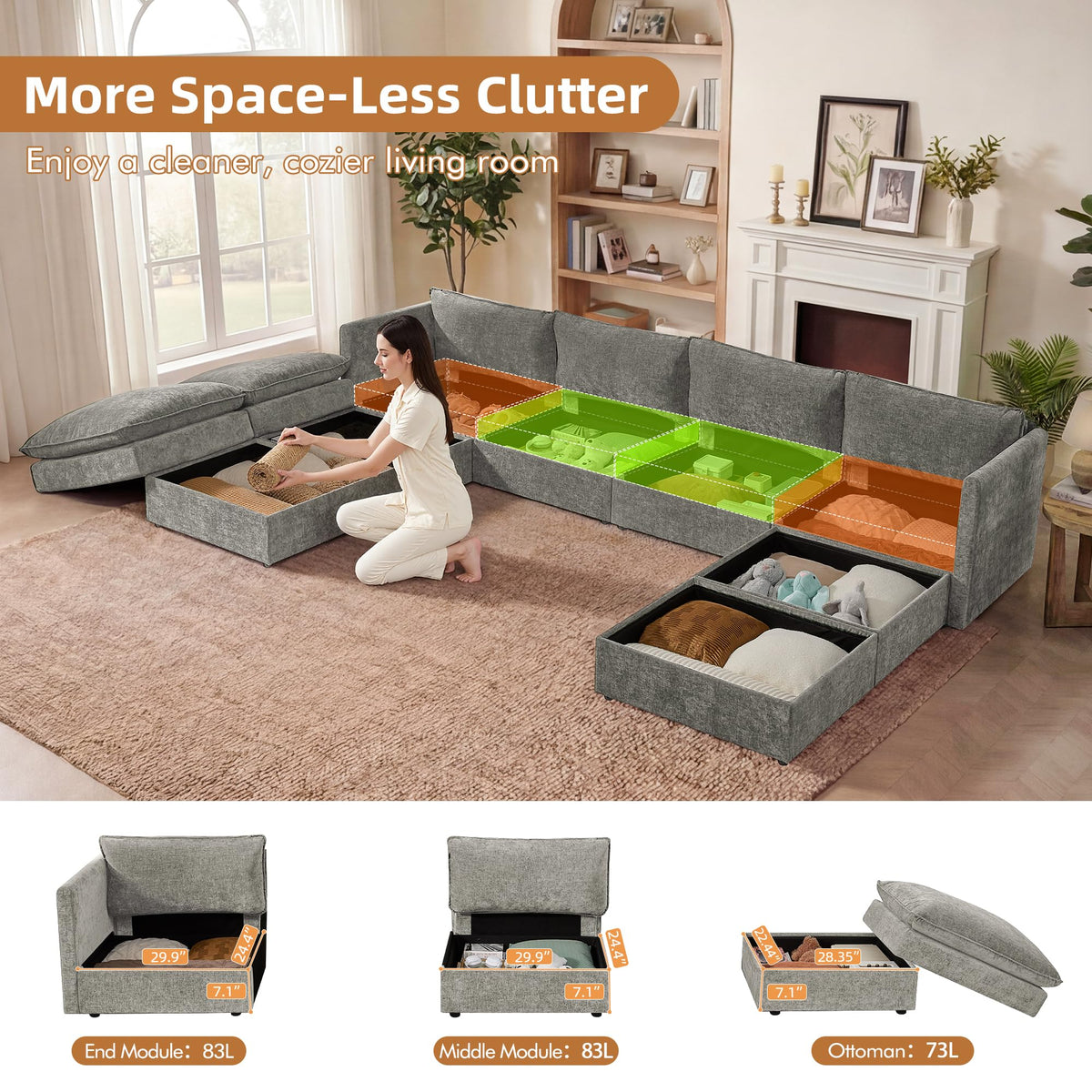 Modular Sectional Sofa Bed with Storage Ottomans, 135" Cloud Couch, 6-Seater Comfy Modern Couches with Pillows &