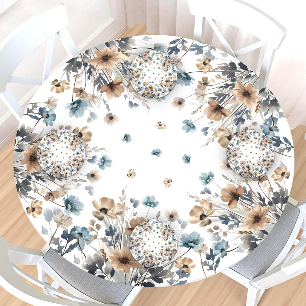 Floral Round Fitted Tablecloth with Elastic Edge Vintage Beige Blue Brown Wildflowers Leaf Table Cover for 44-48"