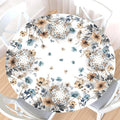 Floral Round Fitted Tablecloth with Elastic Edge Vintage Beige Blue Brown Wildflowers Leaf Table Cover for 44-48"