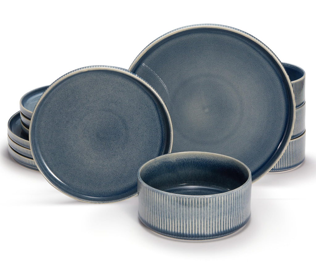 Ceramic Dinnerware Set, by , 12-Piece Service for 4, 9.8" Dinner Plates, 8" Salad Plates, 20 oz Bowls, Ombre Reactive