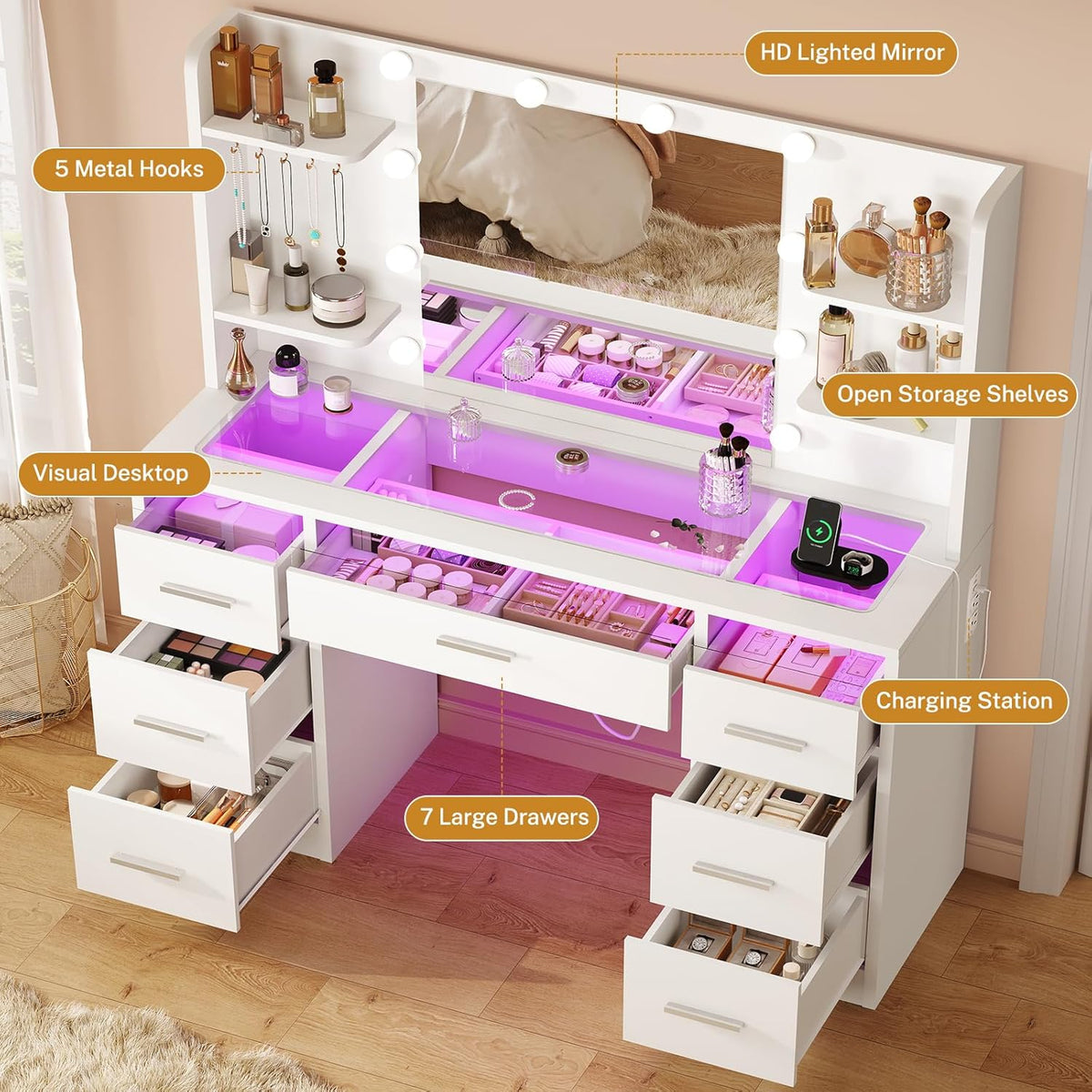Makeup Vanity Desk with Mirror and Lights, White Vanity with Glass Top, 3 Colors LED Lights & Power Outlet, Vanity