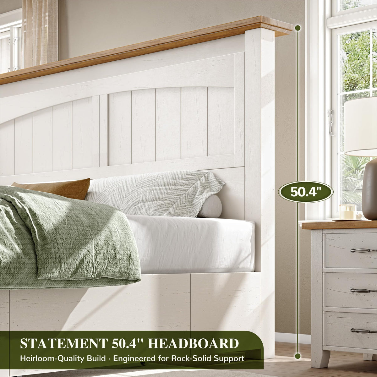 Farmhouse Bed Frame with 50.4" Tall Headboard, Antique White