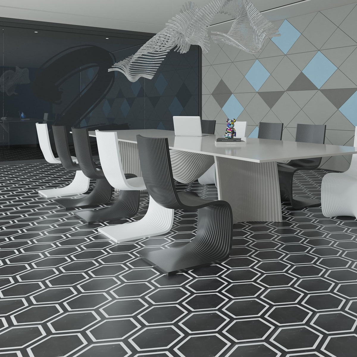 30-Pack Hexagon Peel and Stick Vinyl Floor Tiles, Black Marble