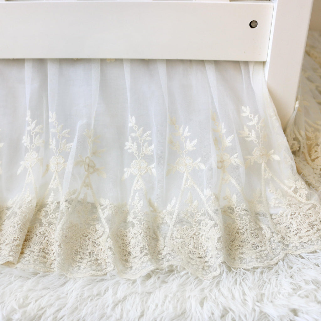 Lace Bed Skirt Boho Bohemian Girl Baby Nursery Crib Bed Skirt Dust Ruffle - Solid Color Romantic Cream Off White