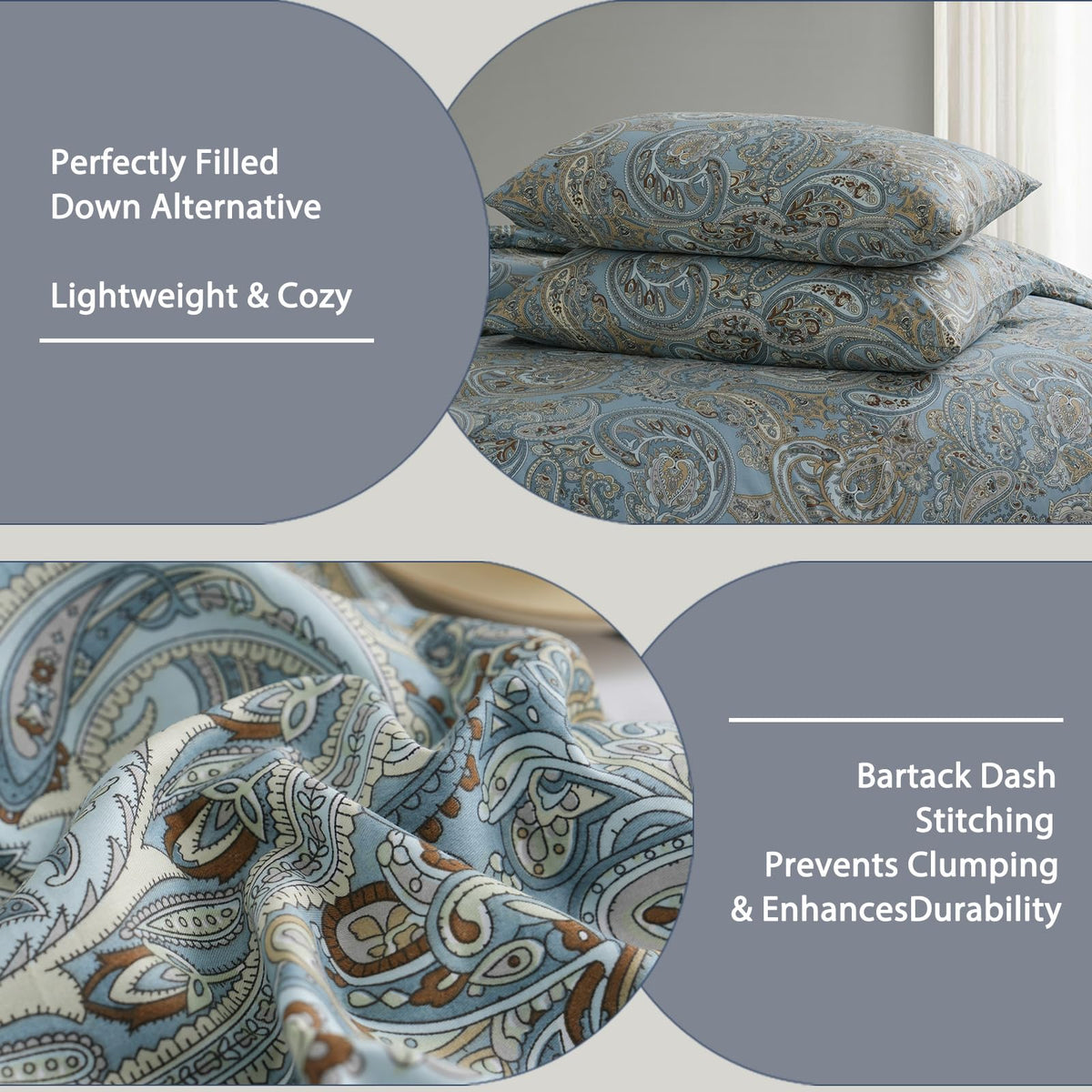 Blue Paisley Comforter Set Queen, 100% Cotton Boho Paisley Pattern Comforter Set 3 Pcs Soft Cotton Lightweight