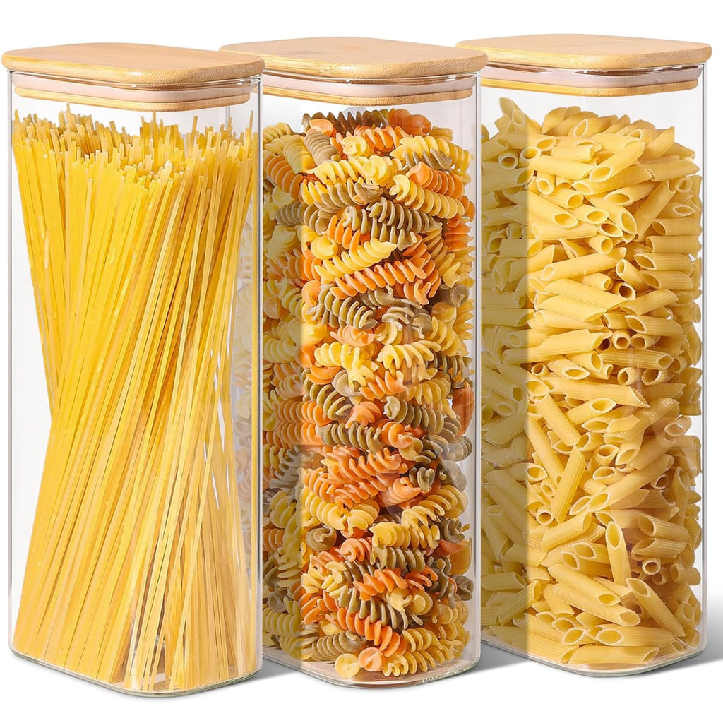 Pasta Containers Storage 2.2 Qt, Set of 3 Tall Glass Spaghetti Jar
