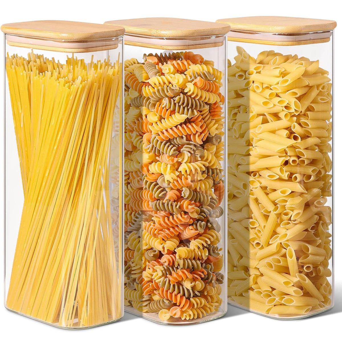 Pasta Containers Storage 2.2 Qt, Set of 3 Tall Glass Spaghetti Jar