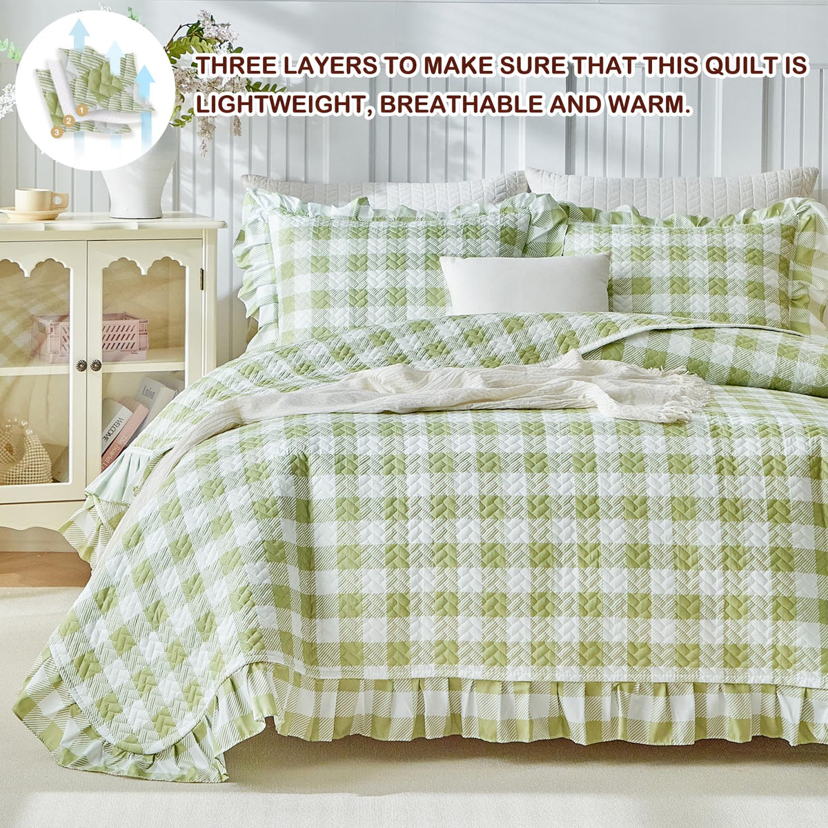 3pcs Ruffle Quilt Set, Sage Green Gingham Plaid Ruffled Design, Soft Cozy Microfiber Farmhouse Bedspread