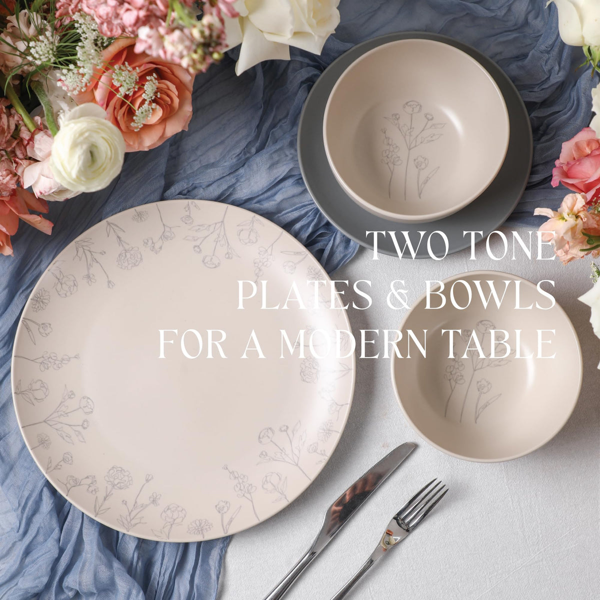 Lain Camelia 12-Piece Stoneware Dinnerware Set, Dinner Plates, Salad Plates & Bowls, Service for 4, Dishwasher &