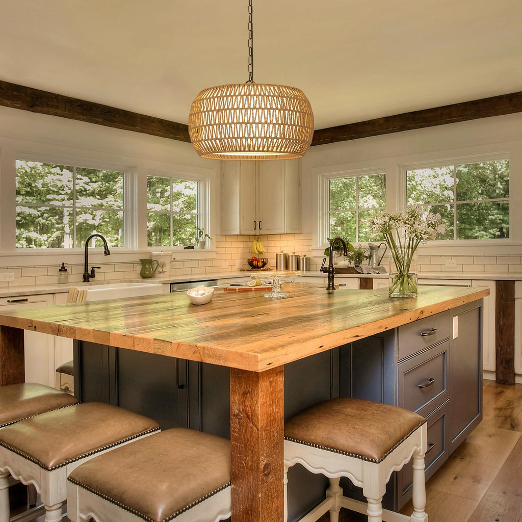 Rattan Farmhouse Chandelier Light Fixtures, 5-Lights Boho Large Pendant Light, Hand Woven Chandeliers with Fabric