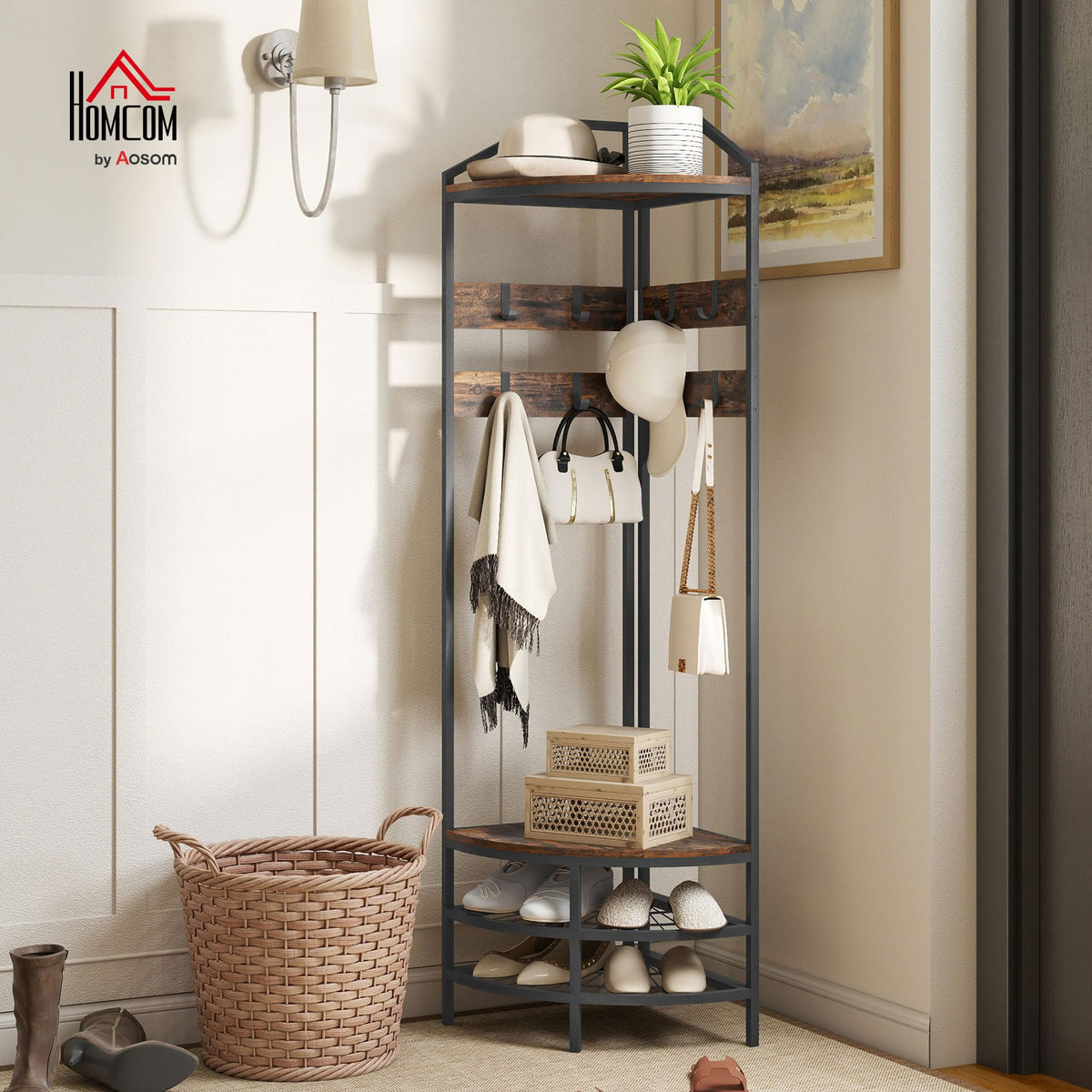 Corner Hall Tree, 4-Tier Coat Rack with Shoe Storage, Rustic Brown