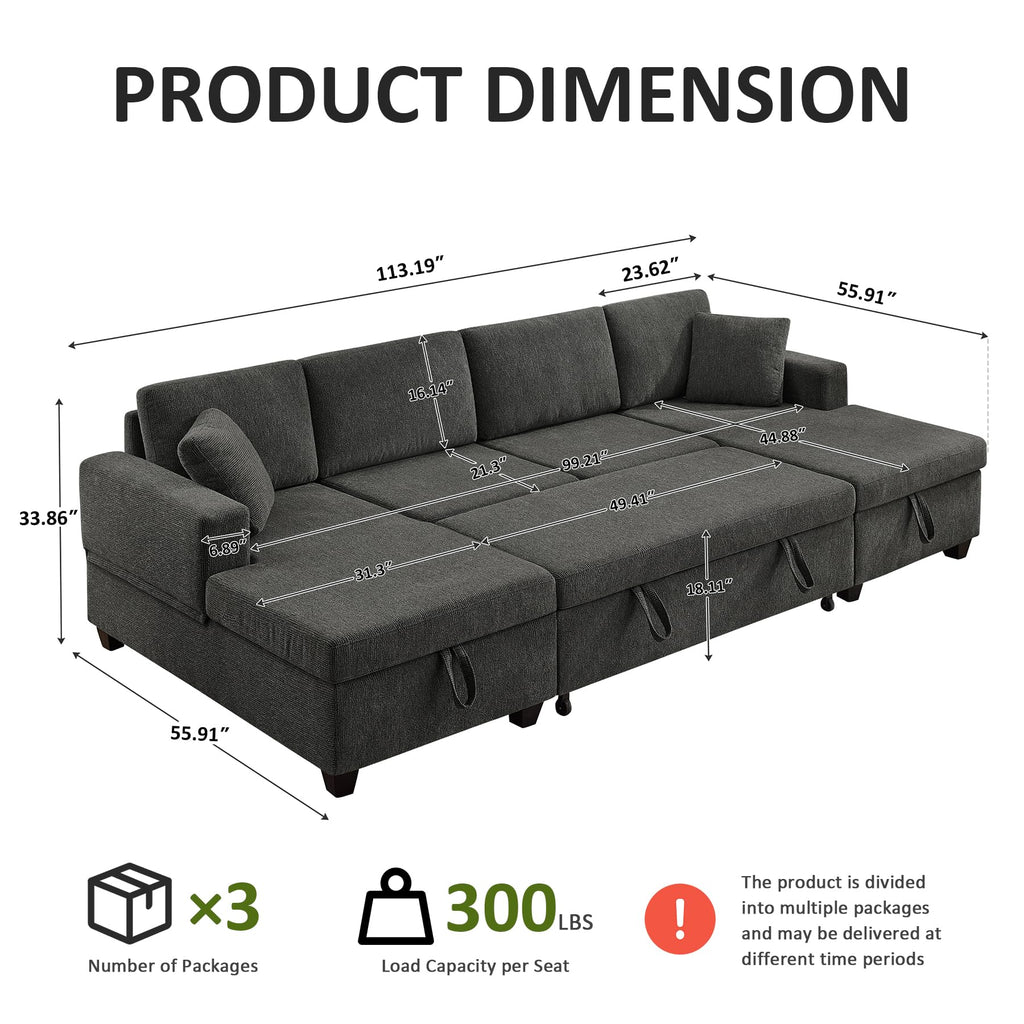 U-Shaped Sectional Sofa with Pull Out Bed & Storages, Dark Grey