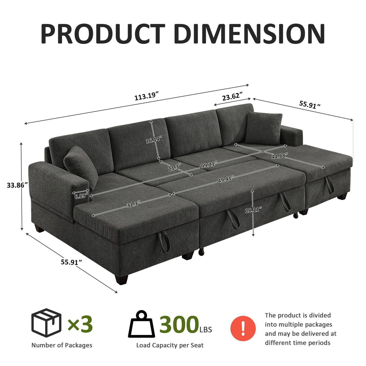 U-Shaped Sectional Sofa with Pull Out Bed & Storages, Dark Grey