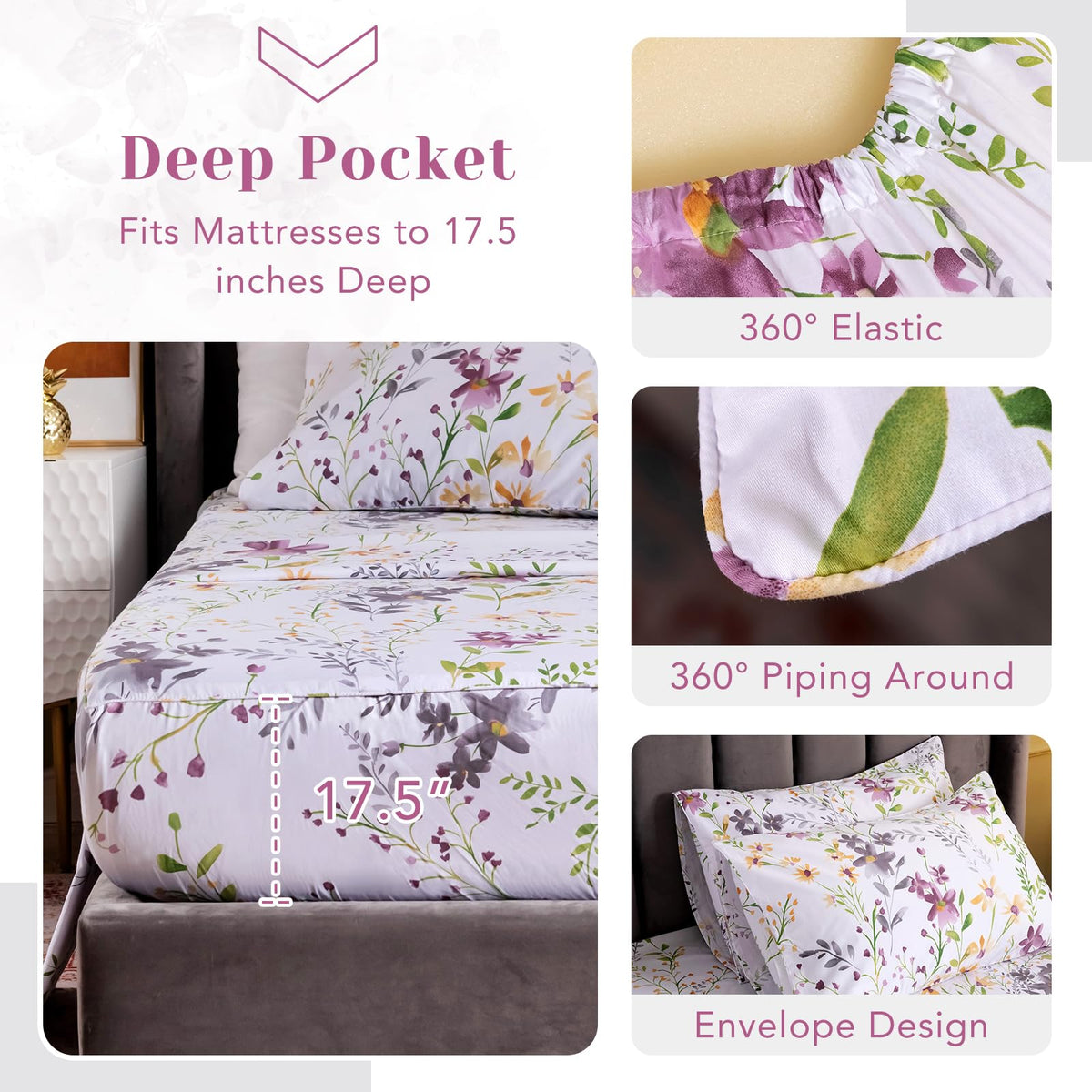 100% Egyptian Cotton King Sheets Sets 4 PCS, Floral Botanical Printed Bed Sheets with 17.5" Deep Pocket, Patterned