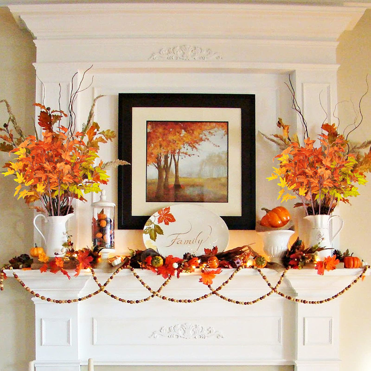 4Pcs Artificial Maple Leaves Branches 21.6in Fake Fall Leaves Stems Plants Outdoor Greenery Kitchen Farmhouse