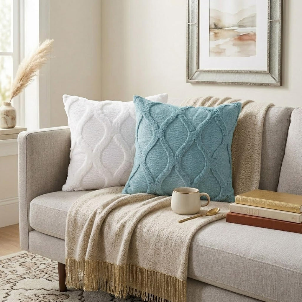Fall Faux Fur Aqua Throw Pillow Covers 18x18 Set of 2