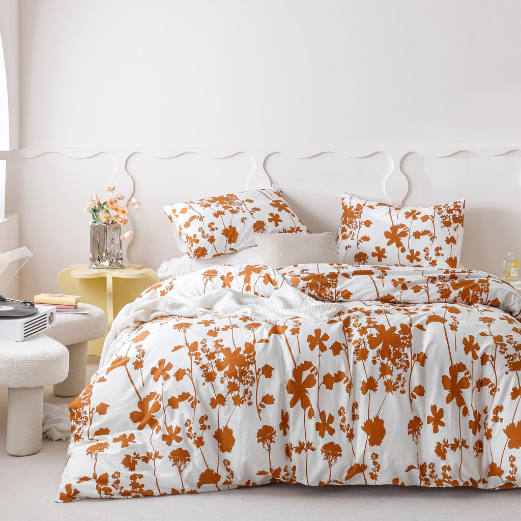 100% Cotton Duvet Cover 3 Pieces Set 1 Terracotta Botanical Patterned Duvet Cover with Zipper Ties 2 Pillowcases