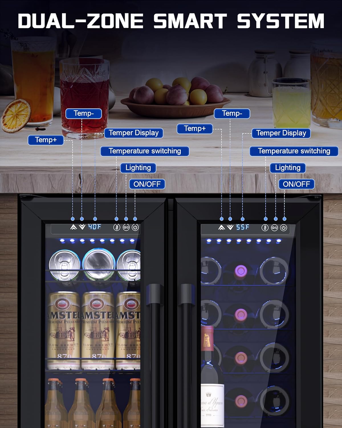 French Door Beverage Refrigerator, 24 Inch Dual Zone Built-in Fridge with Glass Door