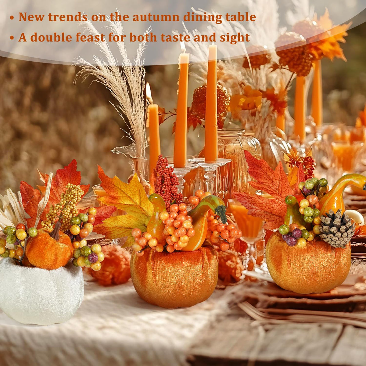 Set of 6 Artificial Pumpkins Decorations, Decorative Fabric Orange Pumpkin with Maple Berry Acorn Pine Cone