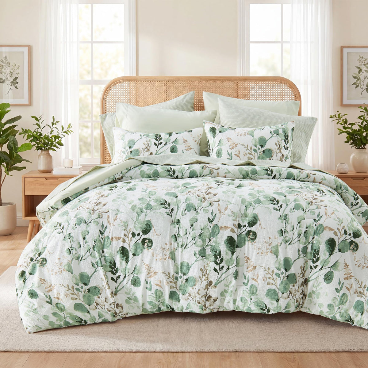 Lightweight Seersucker Botanical Comforter Set, 9 Pieces Reversible Design Bed in A Bag Set, Premium