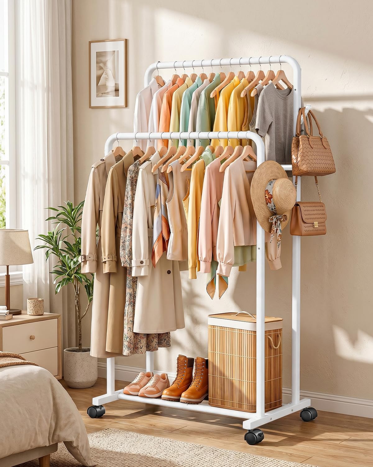 Double Rods Clothing Rack for Hanging Clothes, Portable Wardrobe Closet Rack, Metal Garment Rack with Rolling Wheels