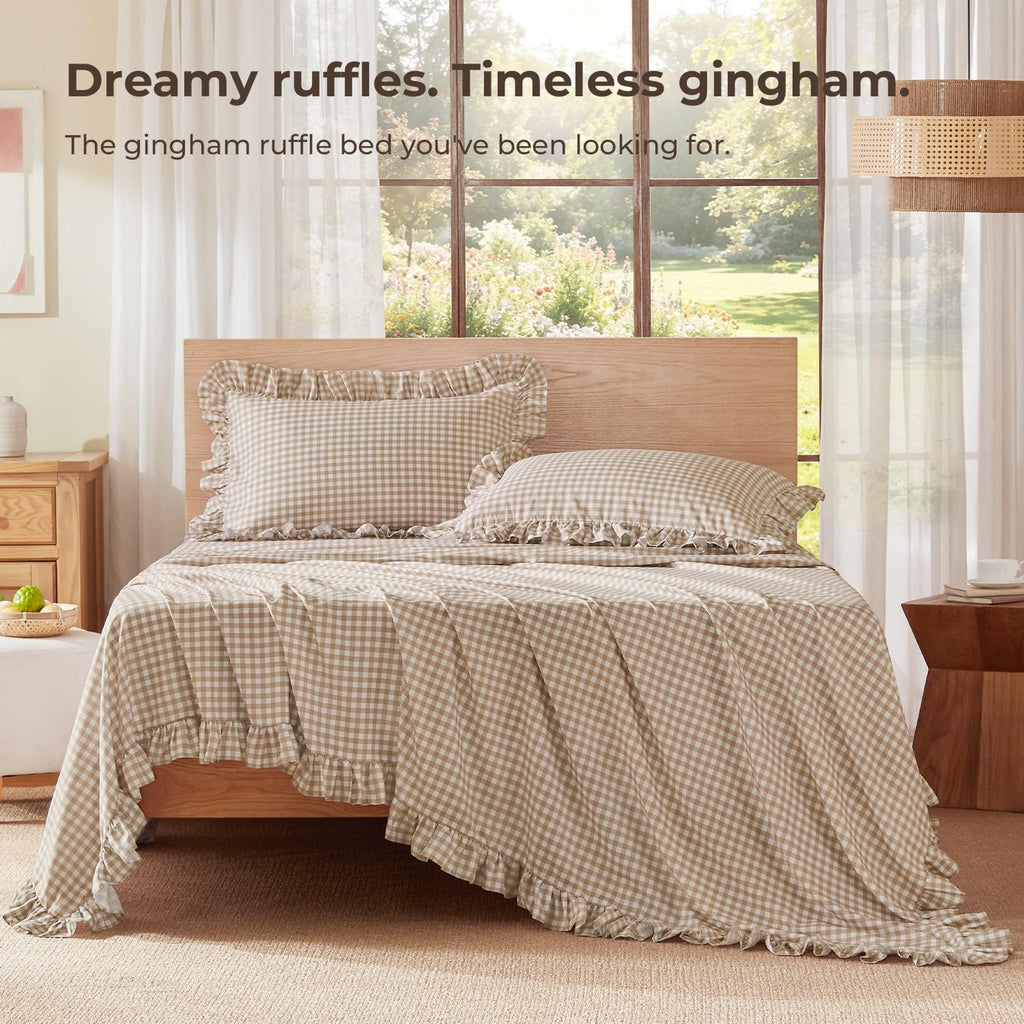 Tan Gingham Ruffle Sheets Set 4 Pieces