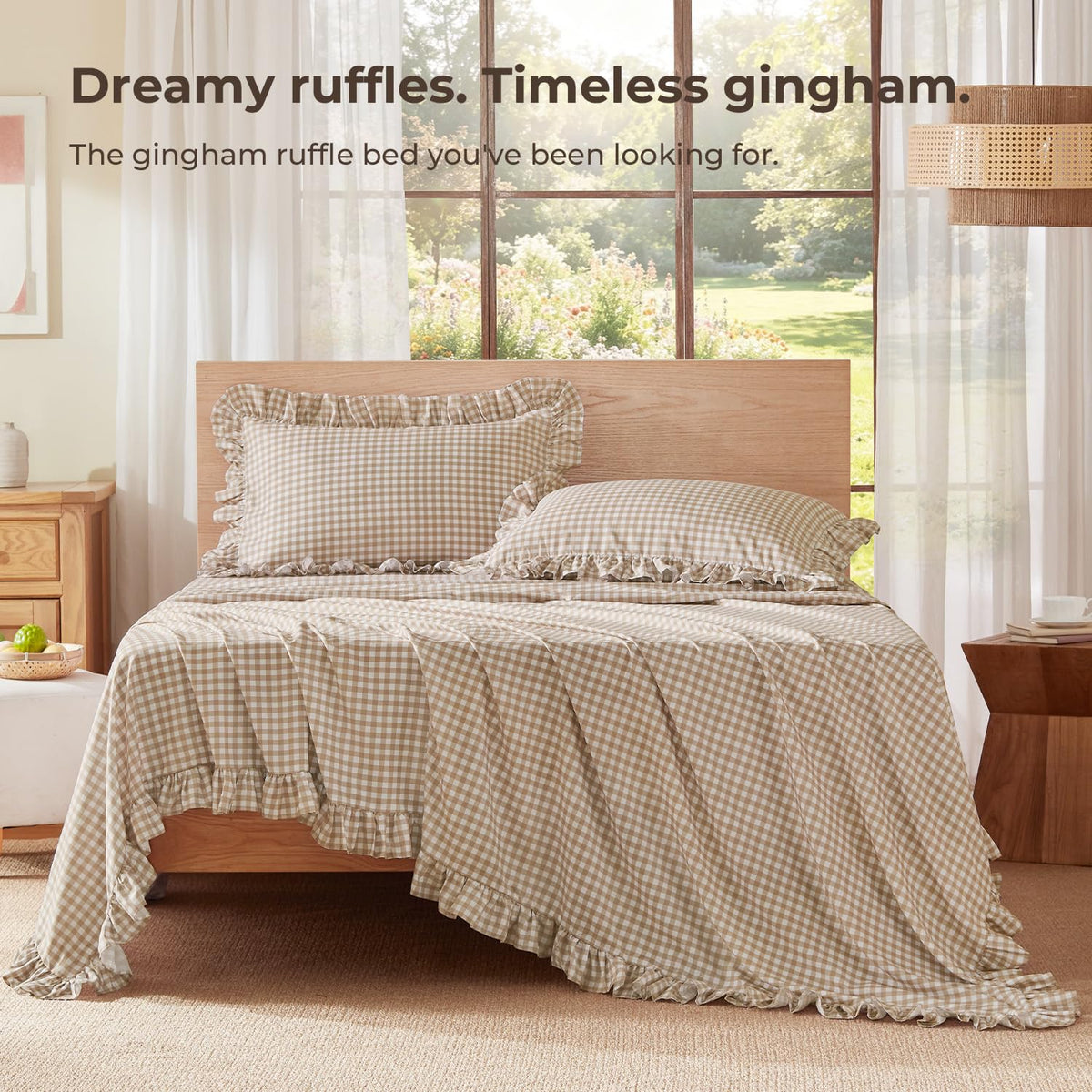 Tan Gingham Ruffle Sheets Set 4 Pieces