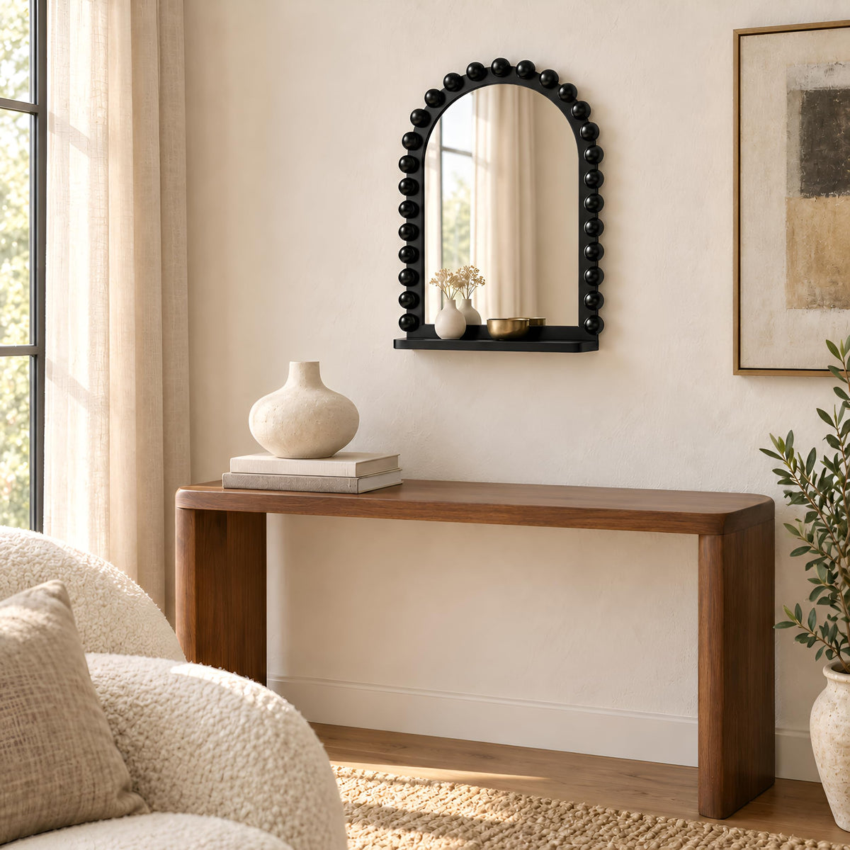 Arched Wall Mirror with Shelf, 12x16 Inch Wooden Bead Bathroom Mirror