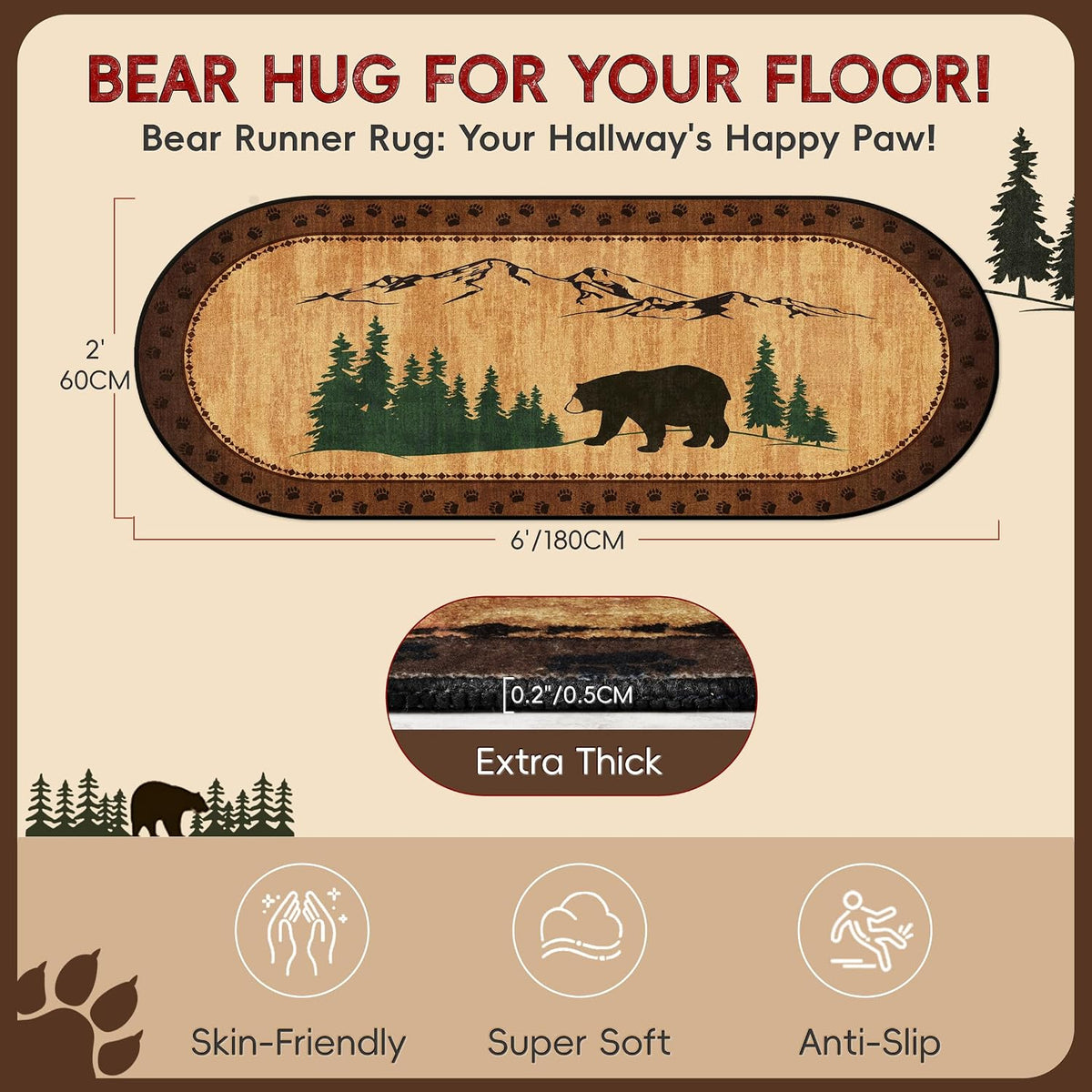Bear Runner Rug 2x6 Oval, Rustic Cab Rug, Washable Non Slip