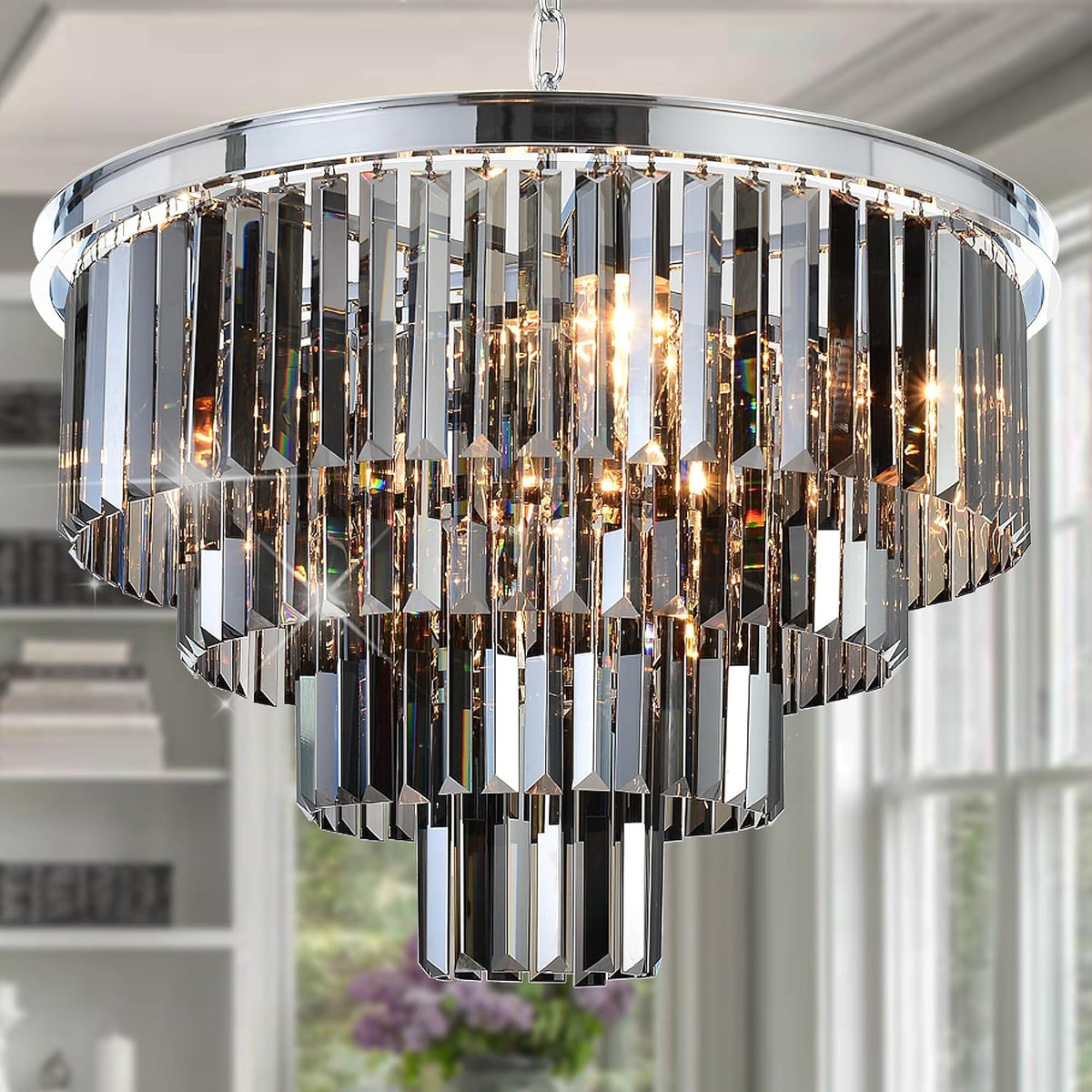 Chrome 4-Tier Smoke Crystal Chandelier, Moody Layered Fixture for Dining Rooms
