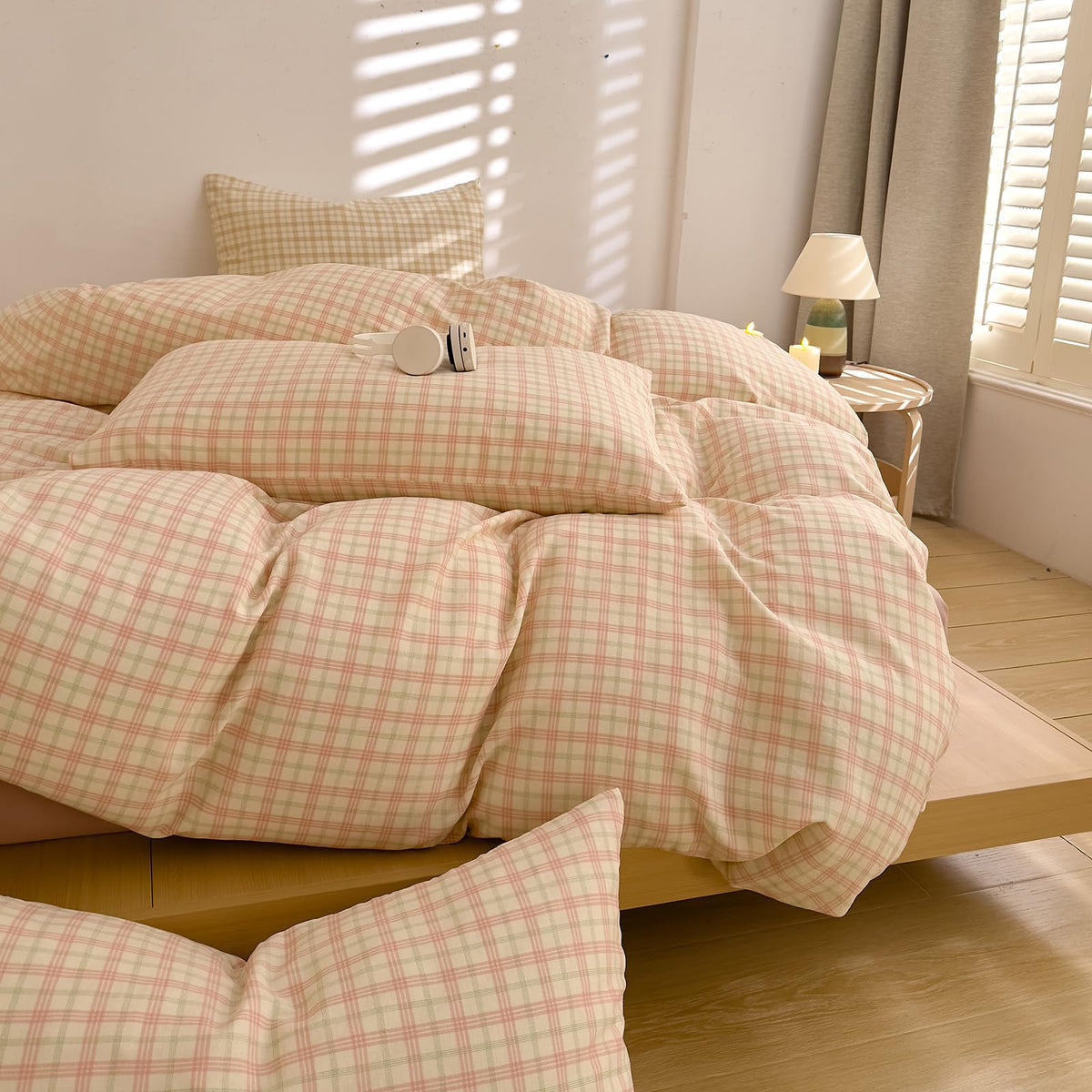 Pink Gingham Duvet Cover Set Twin, Yellow Plaid Grid Pattern Bedding Set Soft Muslin Cotton Gauze Comforter Cover