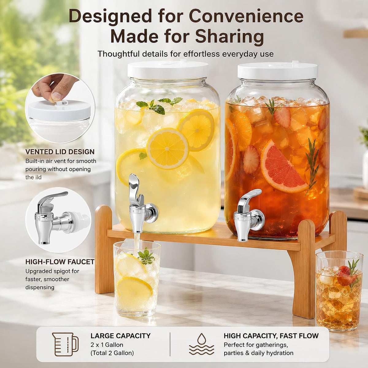 Gallon Large with Stand for Parties, Glass Iced Beverage Dispensers with Spigot, Reusable Water Dispenser - Set of 2