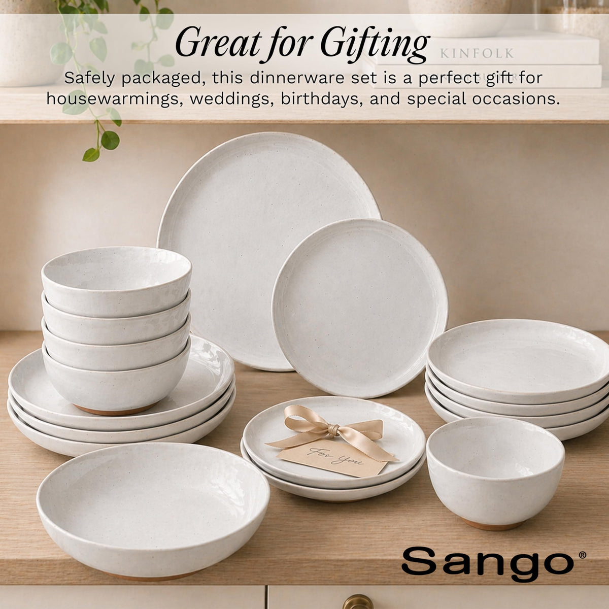 16-Piece Boho Farmhouse Stoneware Dinnerware Set for 4, Semi-Matte White Plates and Bowls Sets with Rustic Speckled