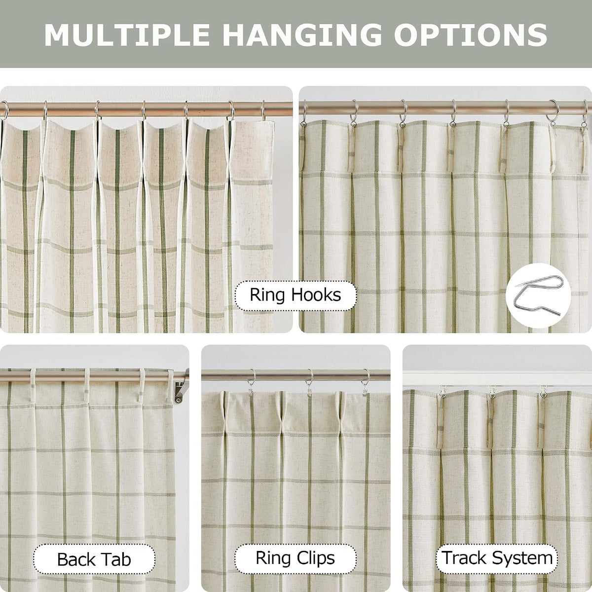 Sage Green Plaid Linen Pinch Pleated Semi Sheer Curtains Checkered Light Filtering Window Panels for Living Room Bedroom Rustic Pleat Drapes with Back Tab Hooks 40"W x 2 Panels