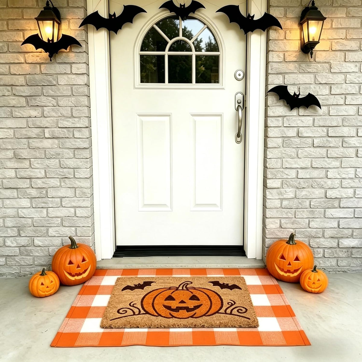 Halloween Pumpkin Layered Doormat, Coco Coir Door Mat Orange White Buffalo Plaid Rug, 2 Pcs Outdoor Mat Set for Front