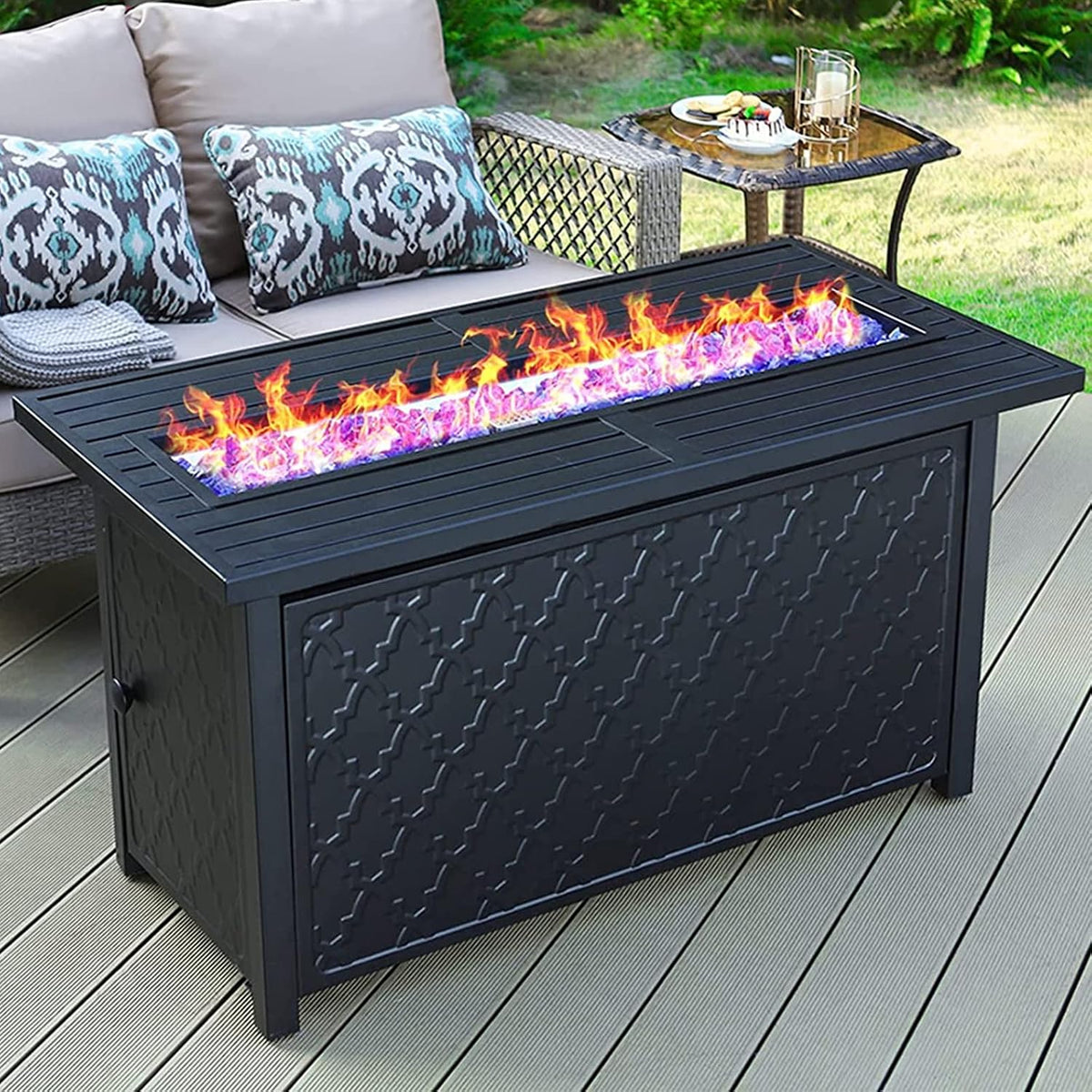 45 Inches Outdoor Rectangular Propane Fire Pit Table,Black | 50000 BTU Gas Iron Plate Embossing Fire Table with Lid