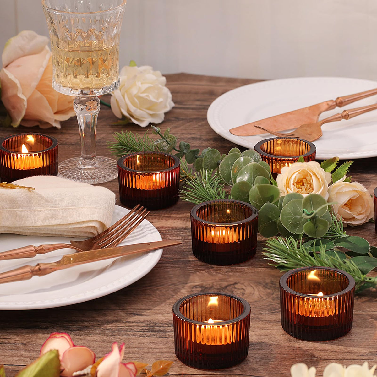 30Pcs Ribbed Amber Votive Candle Holders for Fall Table Decor, Amber Tea Light Candle Holders with 32pcs Tea Light