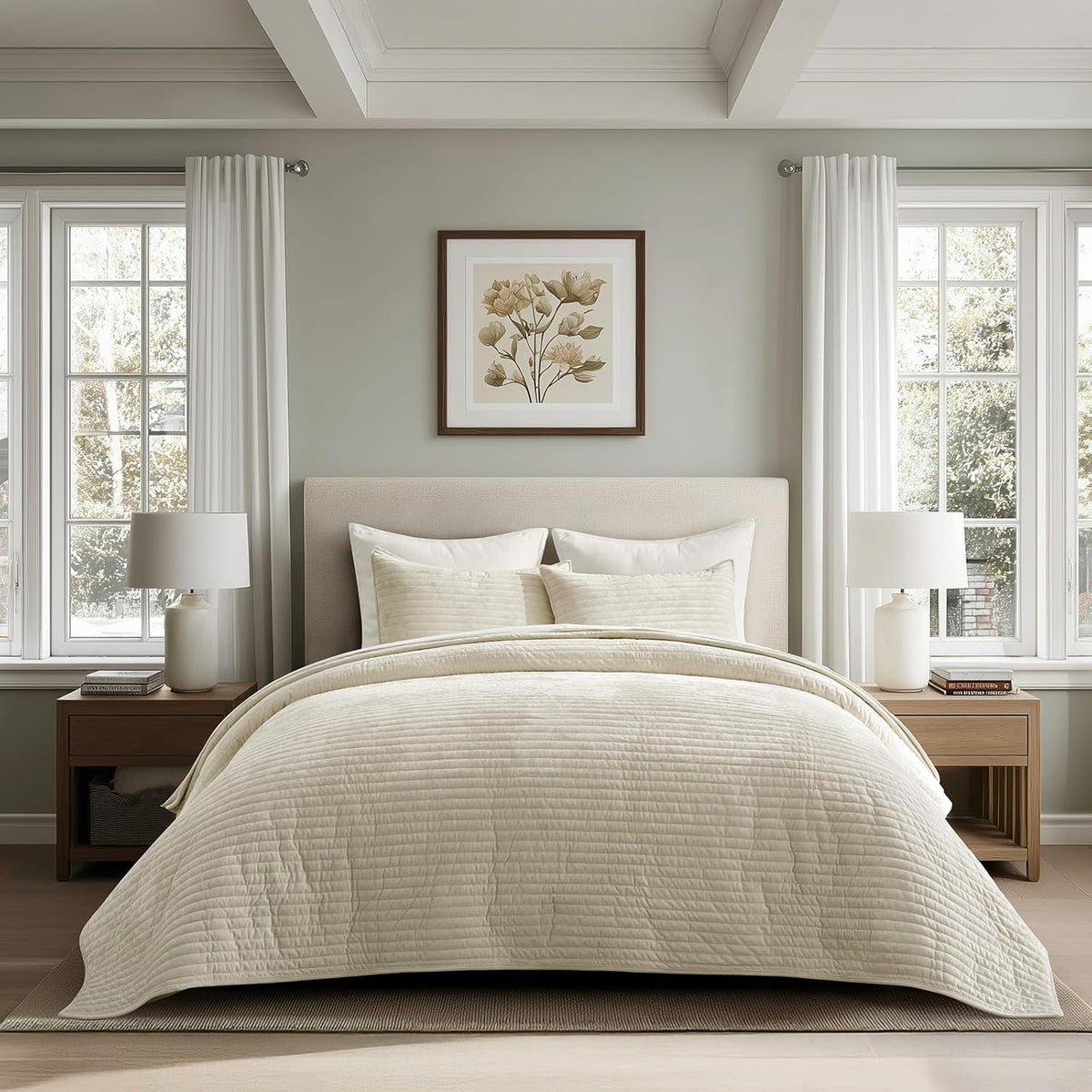 Velvet Quilt Set, Luxurious Soft Striped Channel Bedding Set, Lightweight Velvet Comforter for All Season