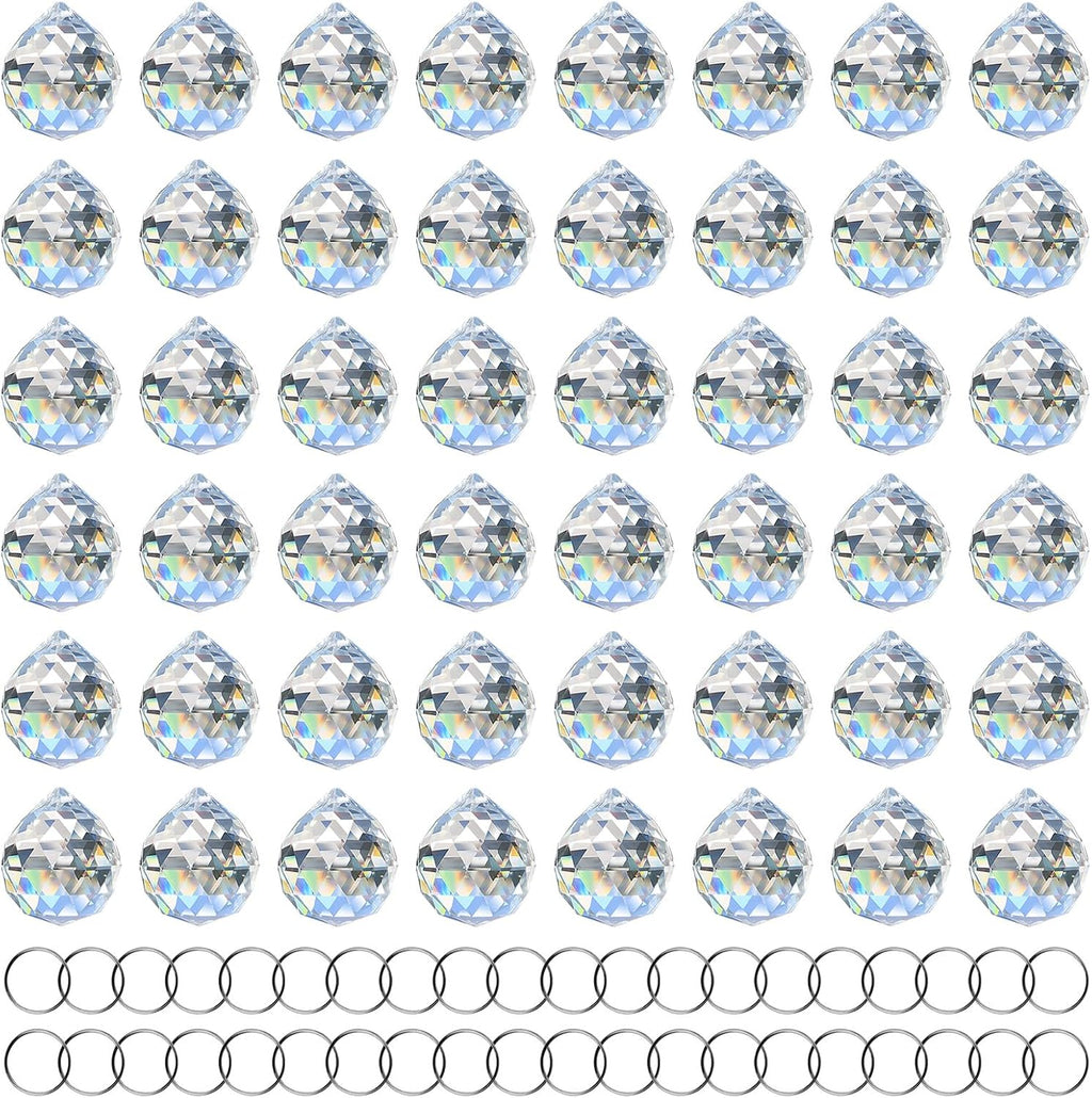 Clear Crystal Sun Catcher Suncatcher Prism Ball with Metal Rings - 48 Pack, 1.18"/ 30mm, Rainbow Pendant Maker