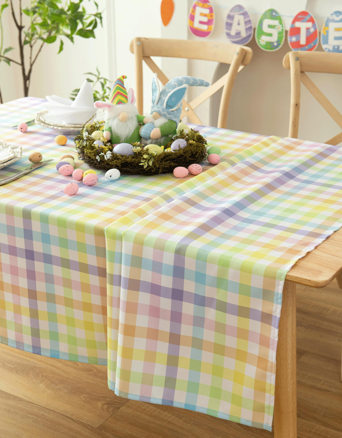 Easter Sunday Spring Plaid Tablecloth - Colorful Rectangular 58x102 Inch Water Resistant Table Cloth for