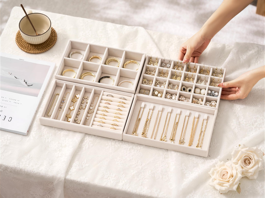 Velvet Jewelry Drawer Organizer Trays - 4-Layer Stackable Jewelry Storage Inserts Set, Beige Jewelry Tray Set for
