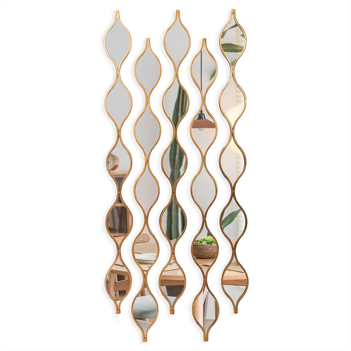 Teardrop Mirror Wall Decor Set of 5, Gold Foil Iron Wall Mirrors, 57.5 x 5.3 Inch Long Skinny Decorative Mirrors