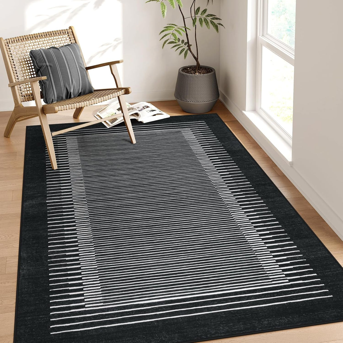 Washable Striped Washable Area Rug, Non-Slip Black Berber Stripe Rugs, Low Pile Minimalist Floor Carpet Rugs