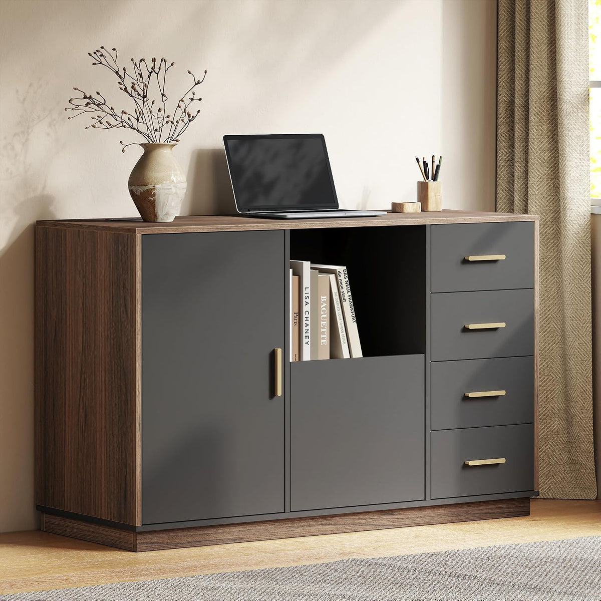47.2" File Cabinet with 5 Drawer & Door, Charging Station | Office Storage Cabinet with Adjustable Shelves, Fits