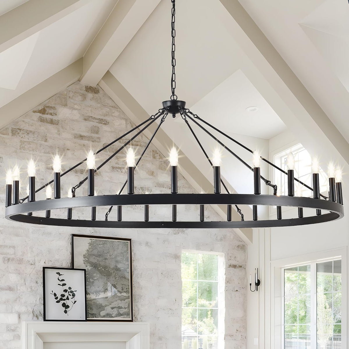 Large Black Wagon-Wheel Chandelier, Rustic Statement Ring for Great Rooms