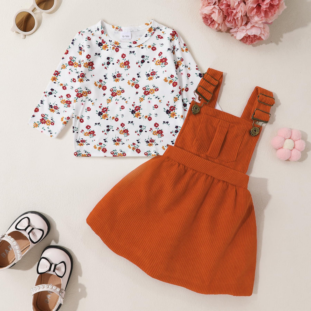 Toddler Baby Girl Fall Outfit Long Sleeve Stripe T-Shirt and Strap Dress Overall with One Pocket Clothes Sets