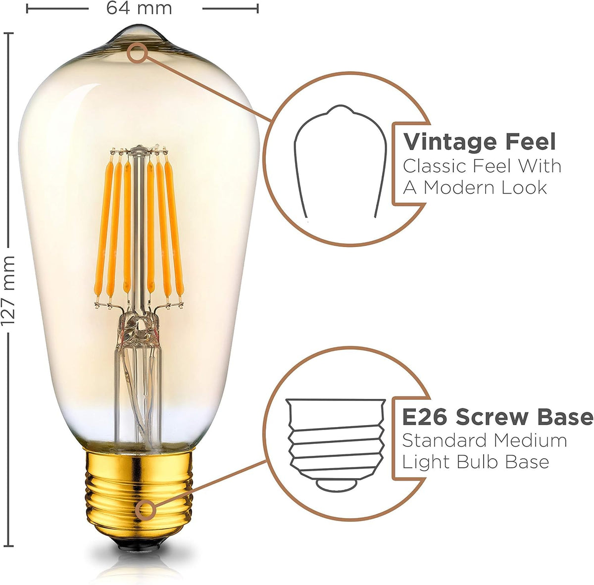 Vintage LED Edison 4W Bulbs - 2200K Dimmable Warm Illumination (40W Equivalent) - E26/27 Amber-Gold Tint