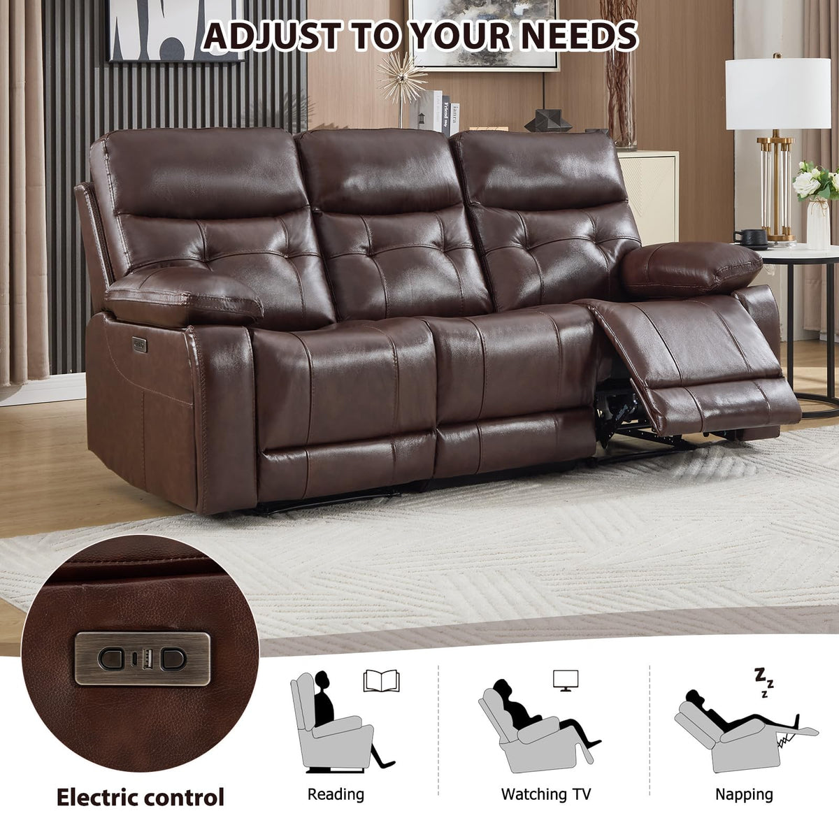Genuine Leather Power Recliner Sofa, 3 Seater Reclining Sofa with Comfortable Arms and Back, Modern Electric Recliner